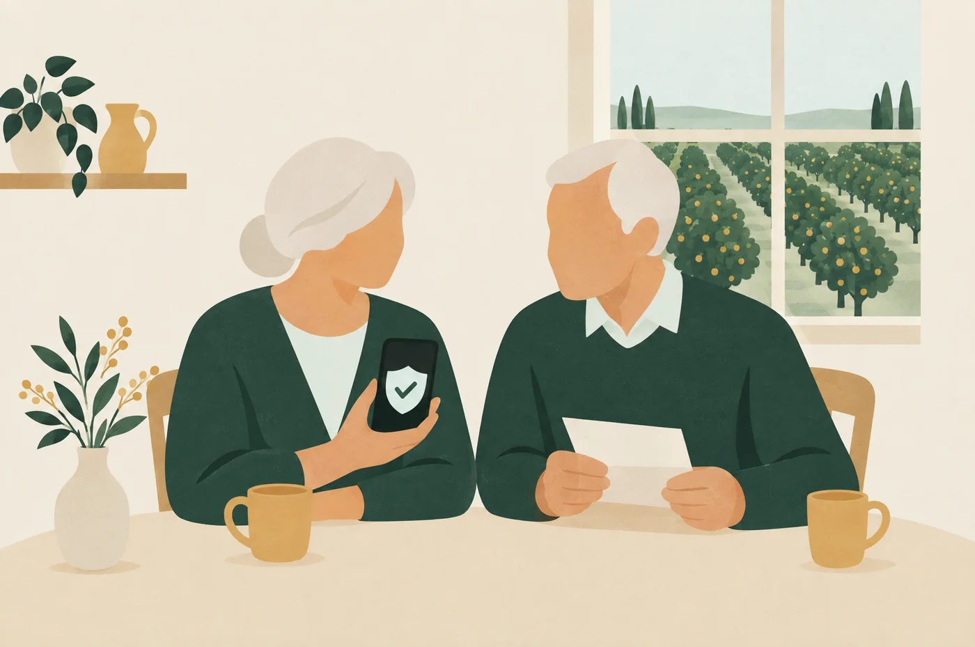 Illustration of an older couple at their kitchen table, one holding a phone showing a protected status