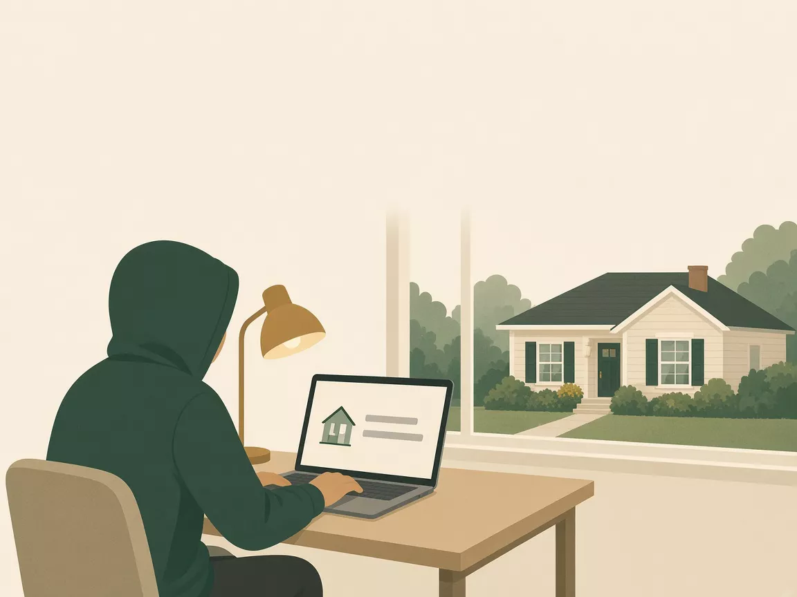 Illustration of a person in a hood at a laptop, looking up a home's public ownership record