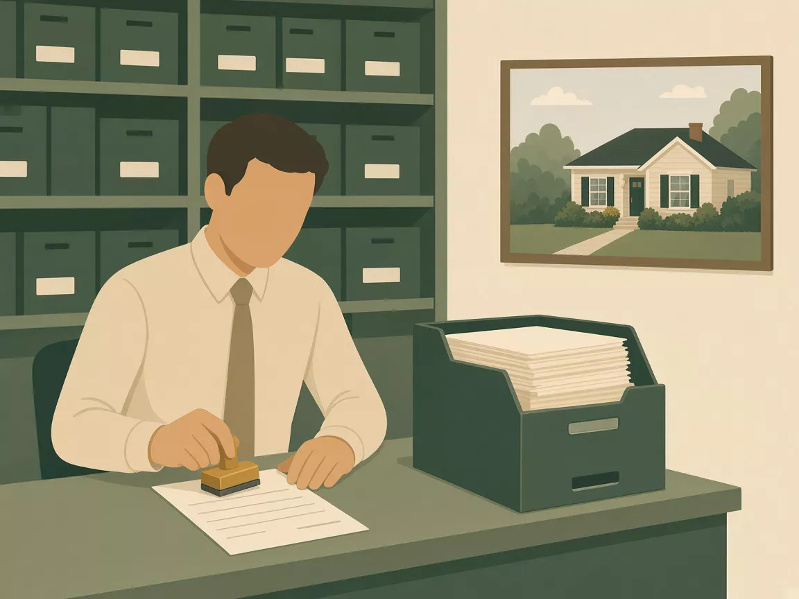 Illustration of a county clerk stamping a deed without checking it
