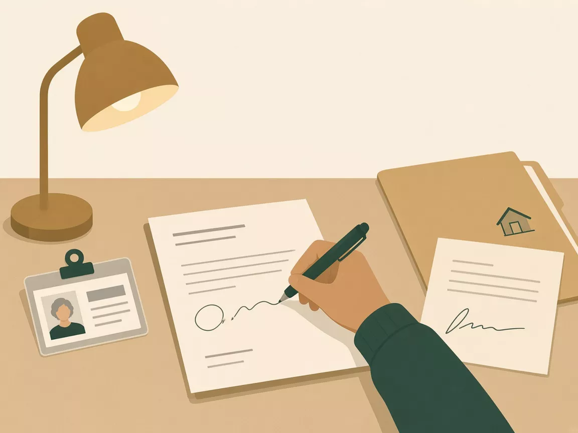 Illustration of a hand forging a signature on a deed next to a fake ID