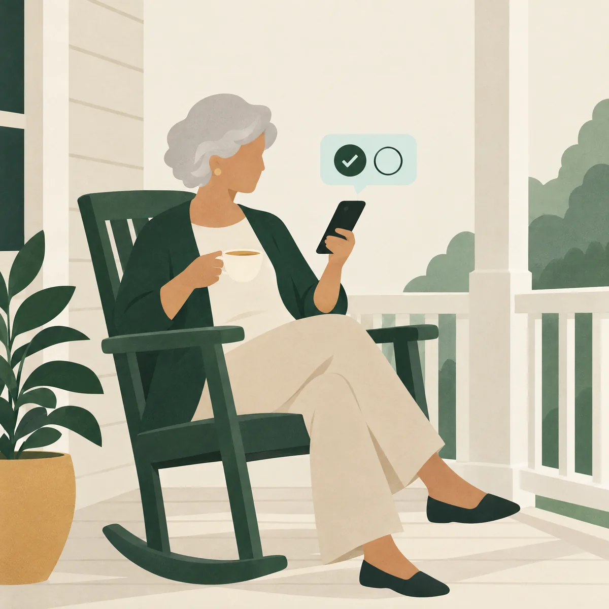 Illustration of an older woman on her porch approving a request on her phone