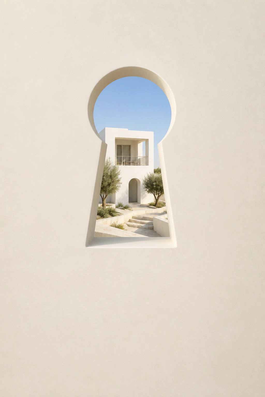 A cream plaster wall with a keyhole opening onto a sunlit house